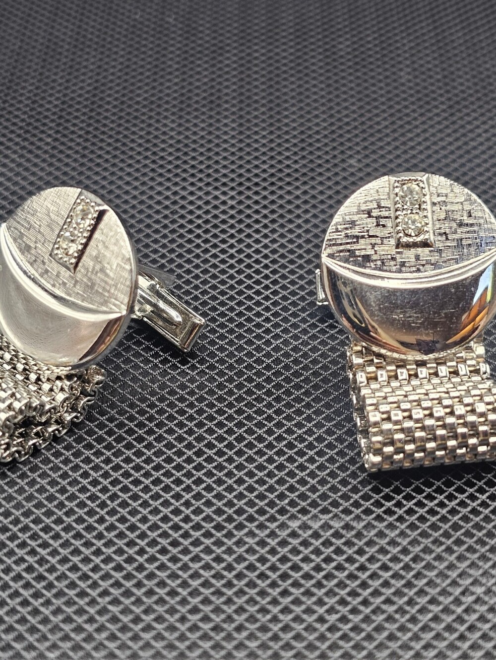 Vintage Silver Tone Cufflinks with Rhinestone Accents and Mesh Detailing
